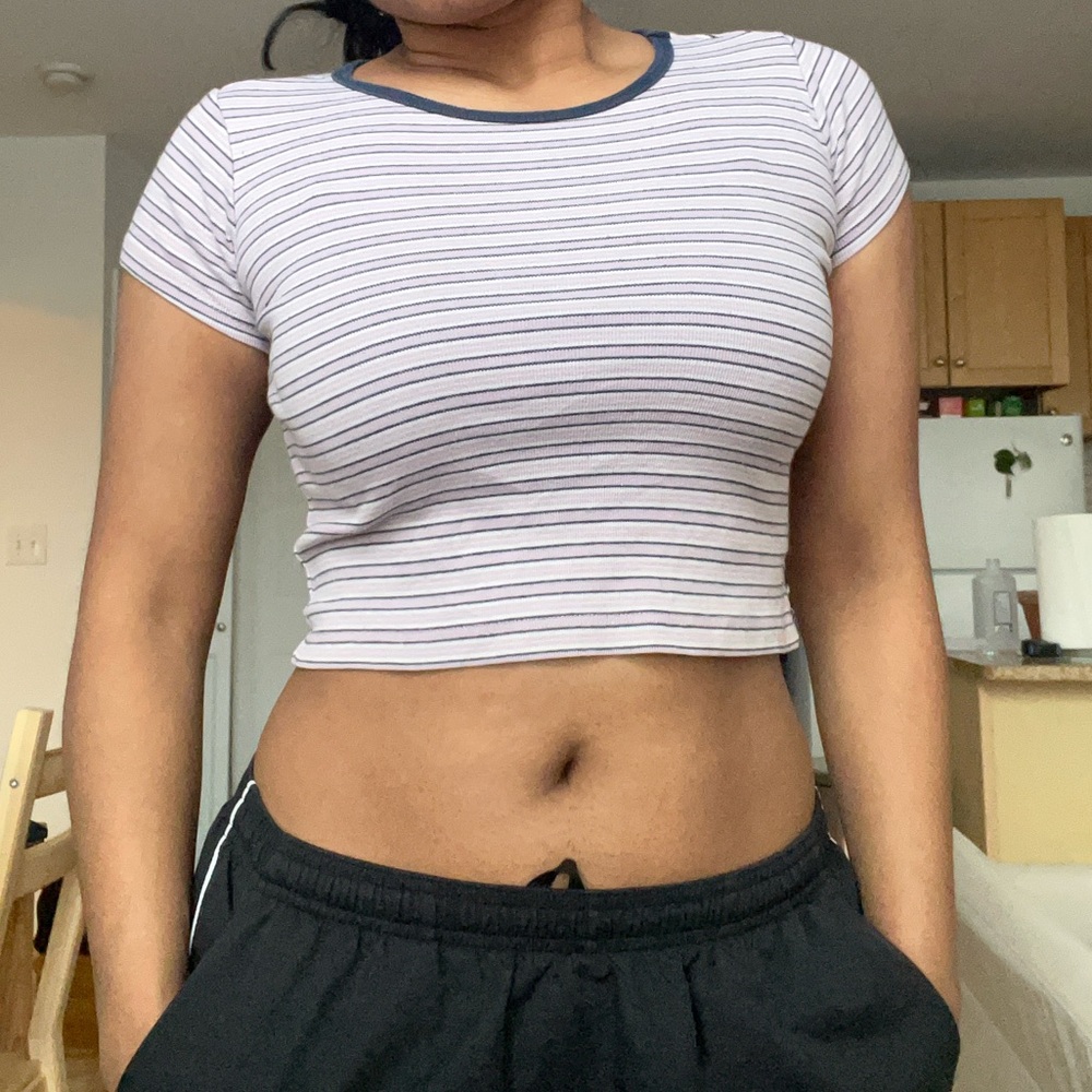 Brandy Melville pink white blue stripe short sleeve ringer tee